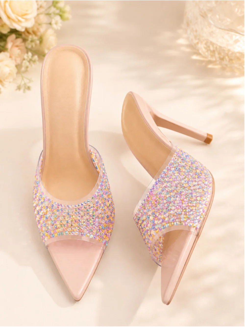 New Glitter PVC Stiletto Pointed-Toe Mule Heels
